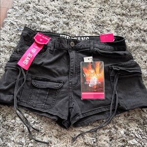 VIP Black Denim Cargo-Style Shorts with Side Ties